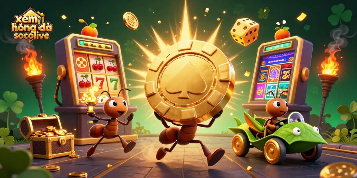Experience xem bóng đá socolive with a vibrant illustration of ants on a heist amidst casino elements.