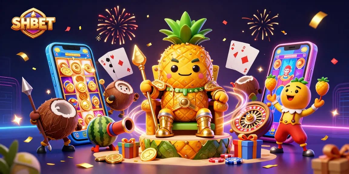SHBET showcases vibrant gaming excitement with a golden pineapple king and loyal characters amidst casino action.