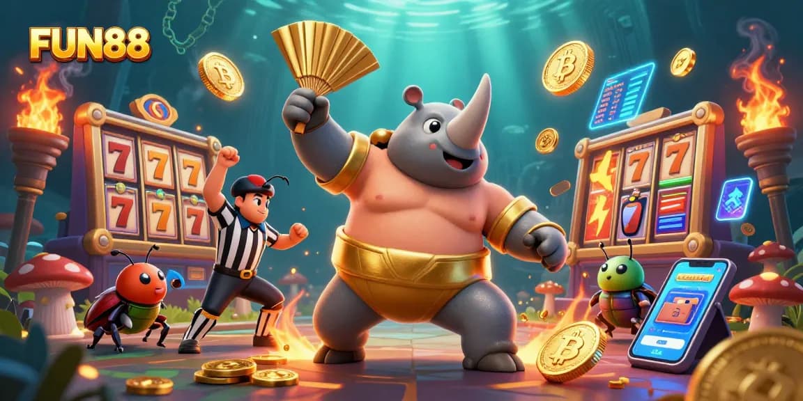 Experience exciting FUN88 casino action with vibrant slot reels and a dynamic sumo champion.