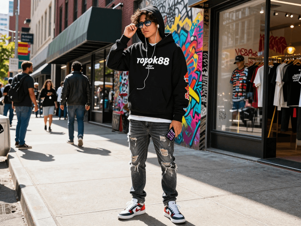 Stylish individual showcasing exclusive rokok88 merchandise in an urban streetwear setting.