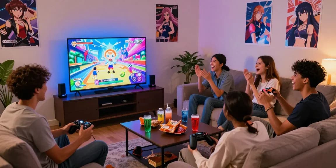 Diverse group playing an ecchi game in a vibrant living room with snacks and anime decor.