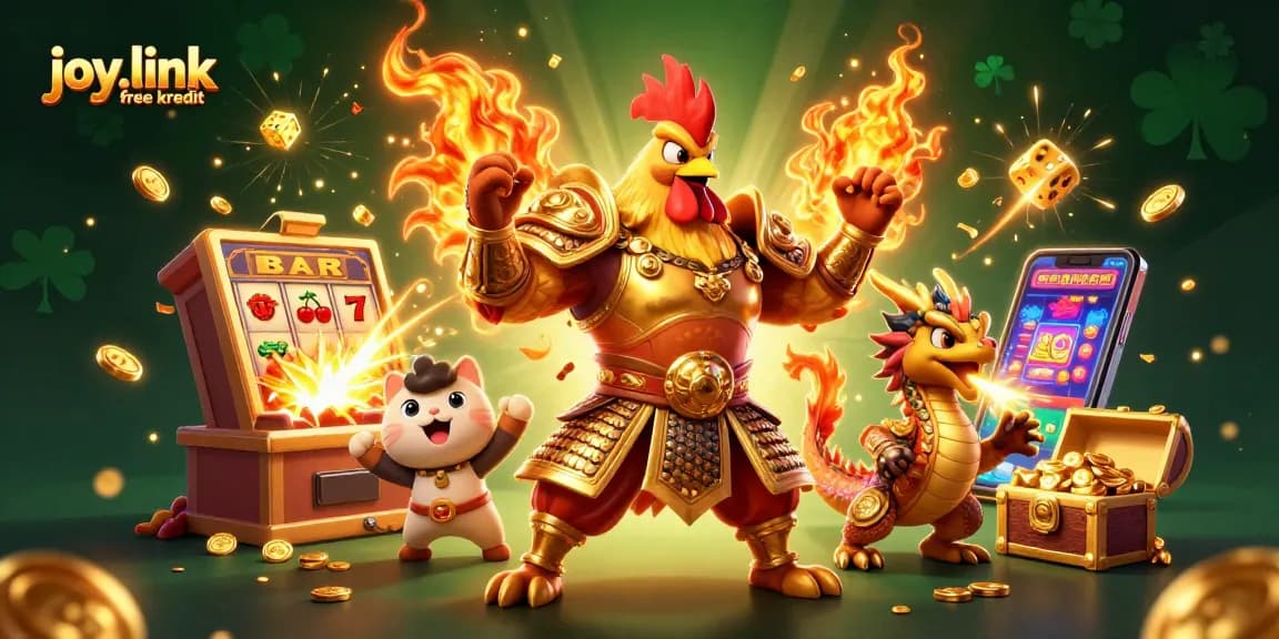 Win with joy.link free kredit in this vibrant, action-packed casino scene featuring character warriors and jackpots.