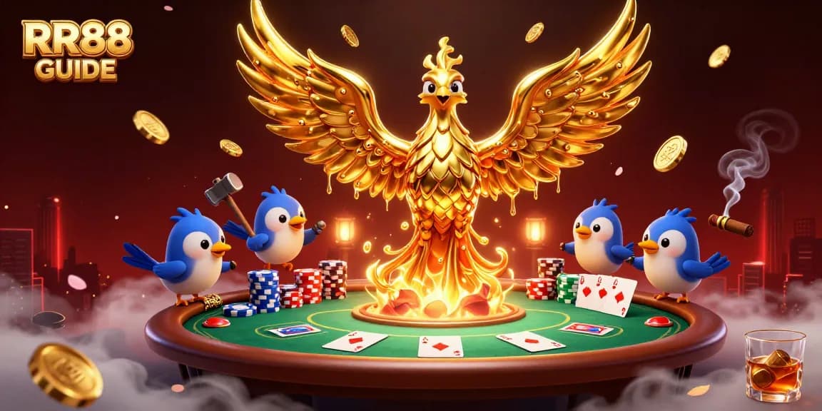 Experience winning in RR88 GUIDE with a vibrant 3D casino scene featuring dynamic poker elements.