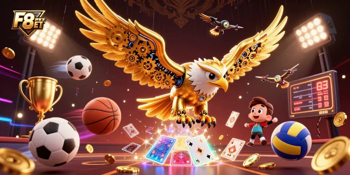 Engage in thrilling gameplay with F8BET featuring a dynamic 3D scene of a golden eagle and gaming elements.