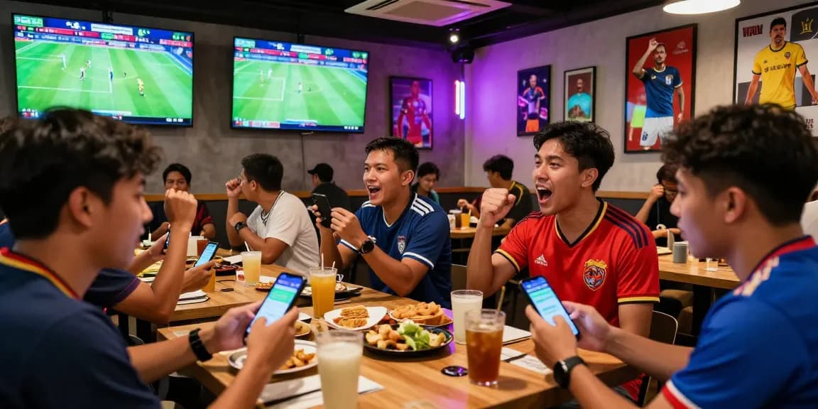 Exciting football betting scene in Malaysia featuring fans celebrating and engaging in live betting activities during a match.
