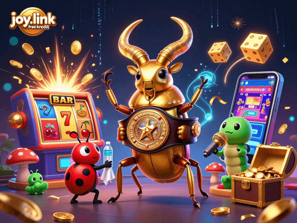 Spin to win at joy.link free kredit with a colorful casino scene featuring unique characters.