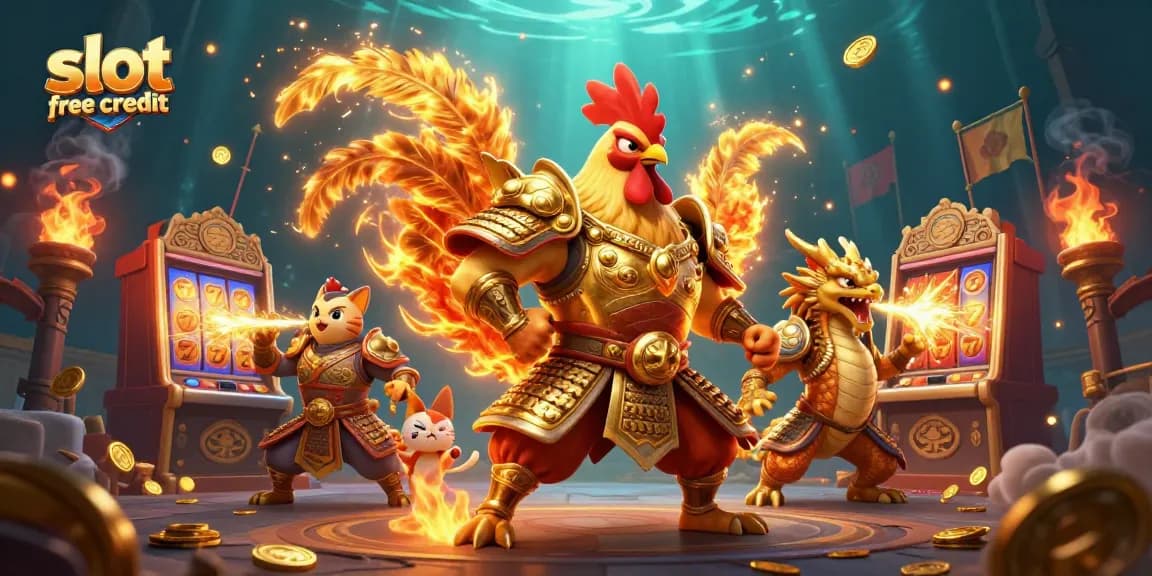 Spin the reels with slot free credit winnings alongside a samurai rooster and dragon in a vibrant casino scene.
