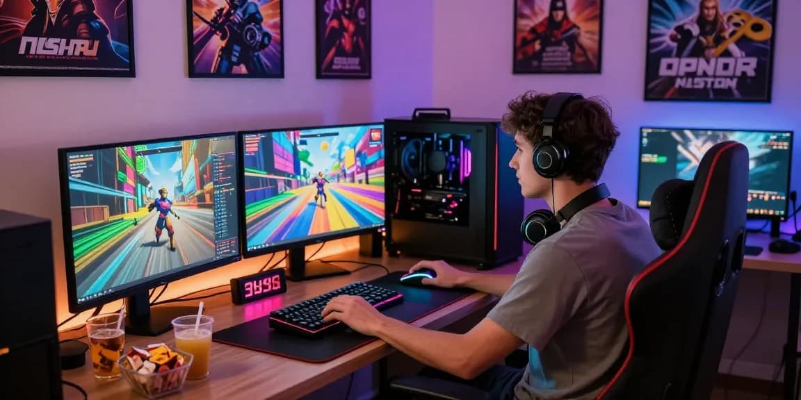 Engaging gamer exploring new nsfw apk games in a cozy setup with multiple monitors.