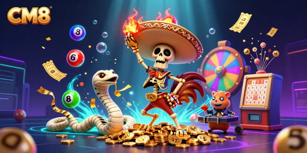 Experience the thrills of CM8 with dynamic lottery elements and colorful characters in a lively casino scene