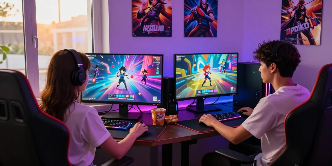 Engaged players immersed in a hentaigame within a cozy, vibrant gaming space, showcasing dual monitors and RGB lighting.