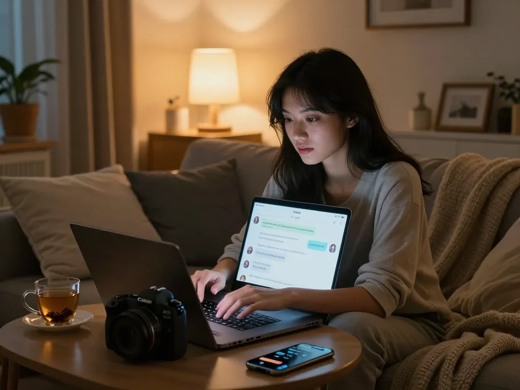 Young couple enjoying an ai sex chat in a cozy living room setting, showcasing intimacy and digital connection.