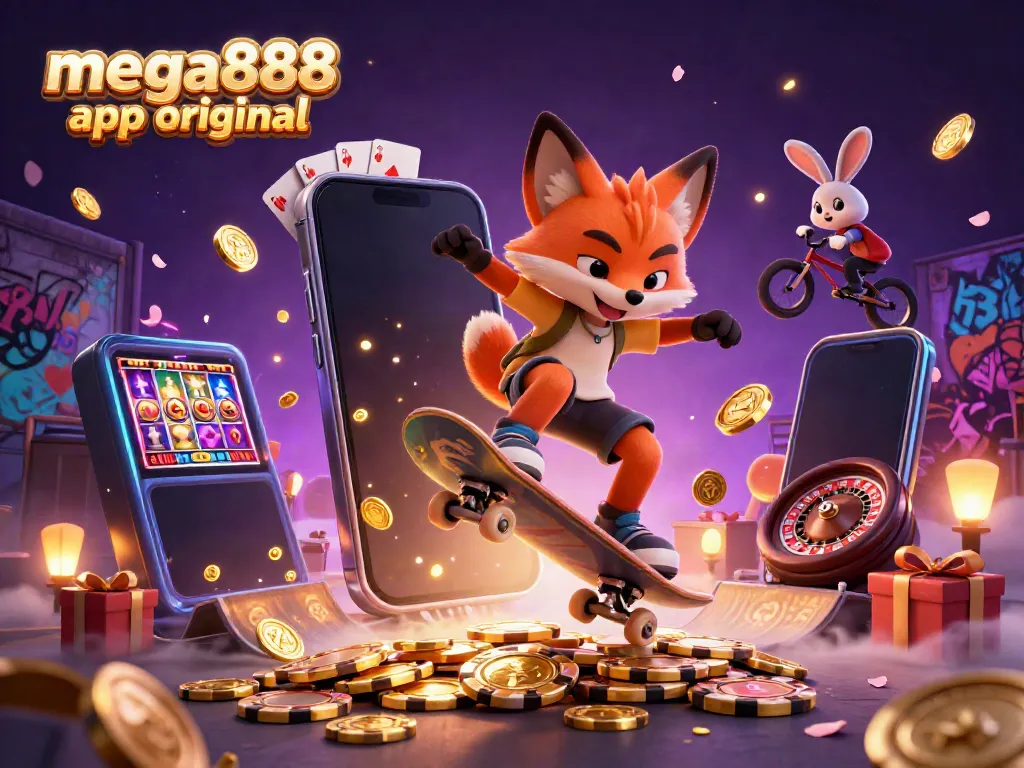Experience the mega888 app original with a vibrant casino scene featuring engaging characters and gameplay elements.