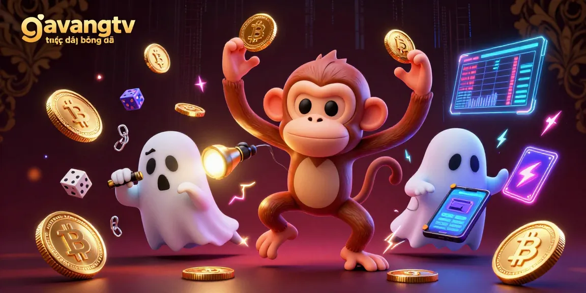 Experience gavangtv trực tiếp bóng đá with a playful ghost monkey and a curious puppy in a haunted casino scene.