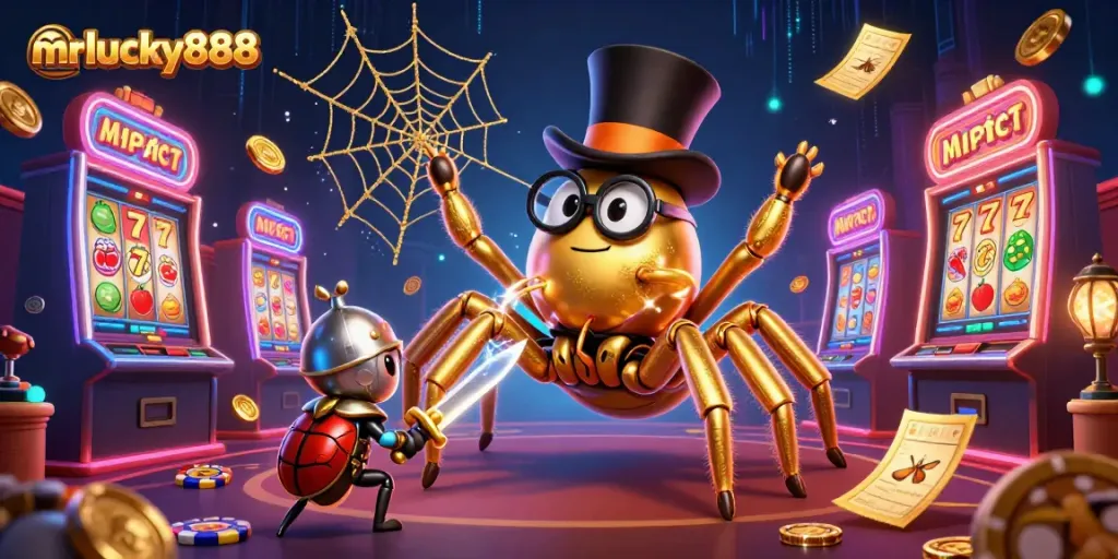 Experience mrlucky888's vibrant casino action with a golden tarantula and beetle knight.