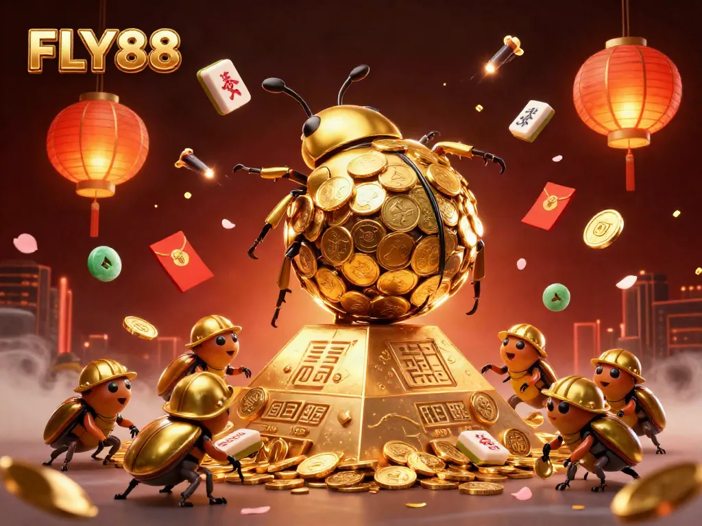 Experience FLY88's thrilling jackpot with a dynamic scene of golden beetles and floating casino elements.