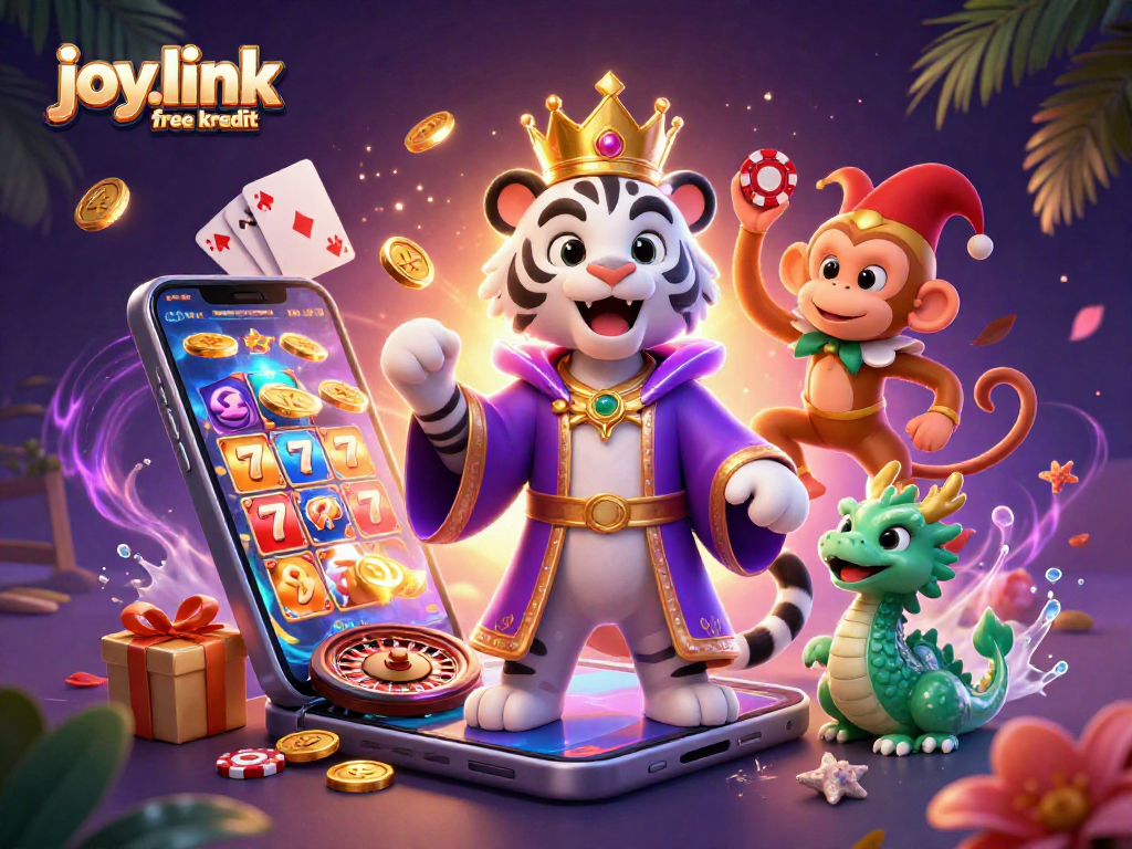 Engage with joy.link free kredit where a royal tiger and monkey enjoy casino fun with vibrant game elements.