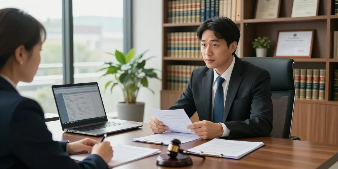 Engaging legal consultation showcasing her latest blog insights in a professional office.