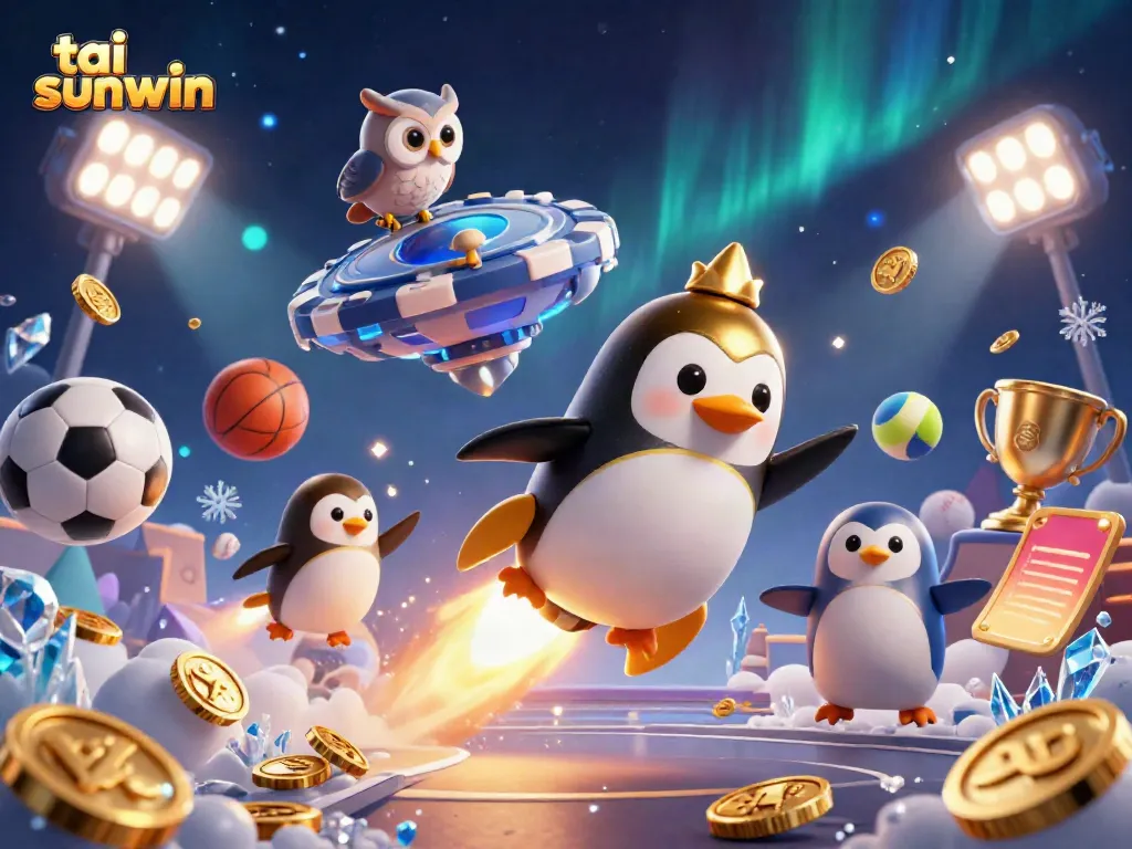 Experience the exciting adventure of tai sunwin as a golden penguin zooms towards a casino station amidst vibrant sports elements.