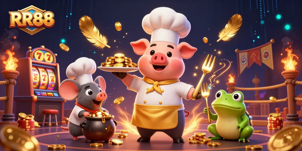 RR88 showcases a vibrant casino scene with a chef, a mouse, and a frog exploring thrilling jackpot opportunities.