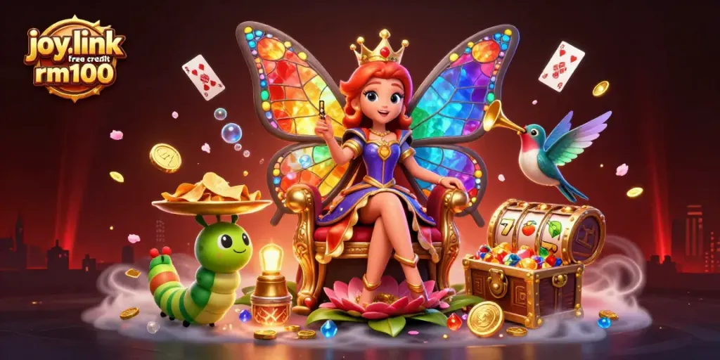 Claim exciting bonuses with joy.link free credit rm100 in a vibrant 3D casino-themed scene.