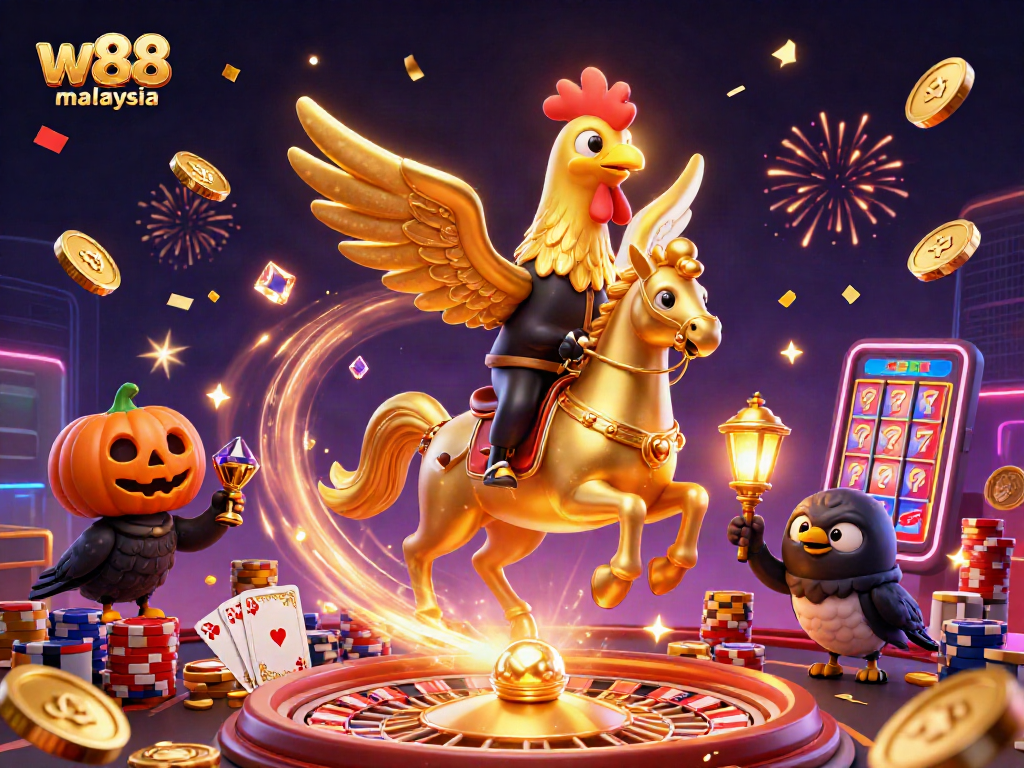 Experience w88 malaysia's vibrant casino scene with a golden rooster and gaming elements.