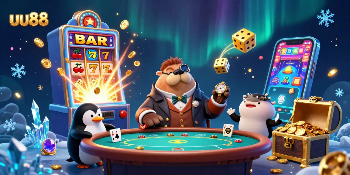 Experience fun at uu88 with a 3D walrus playing poker underwater, jackpot exploding around