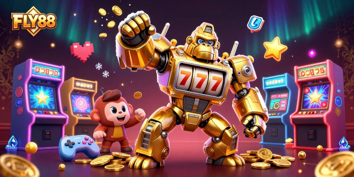 Experience FLY88's thrilling slots with a dynamic golden gorilla mech and vibrant arcade elements.