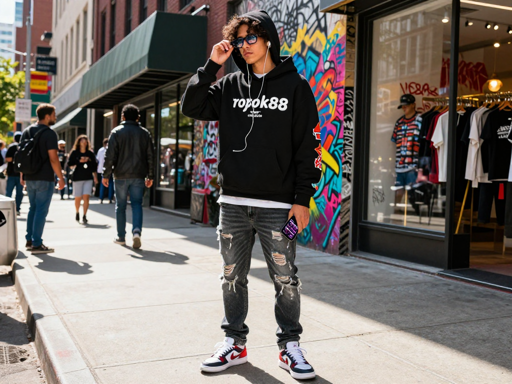 Stylish individual showcasing exclusive rokok88 merchandise in an urban streetwear setting.