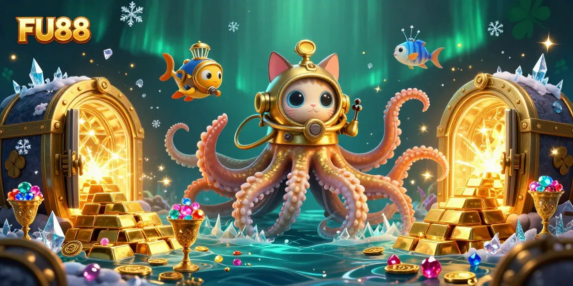 Engage with FU88 where a colossal kraken and a diving cat discover treasures surrounded by glowing gems.