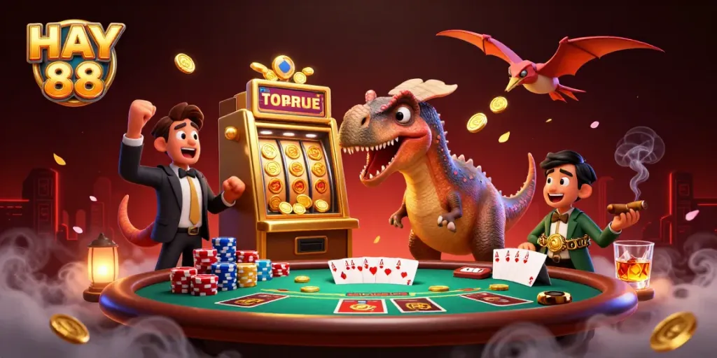 Experience HAY 88 as a cartoon pachycephalosaurus interacts with a golden slot machine in a dynamic casino scene.