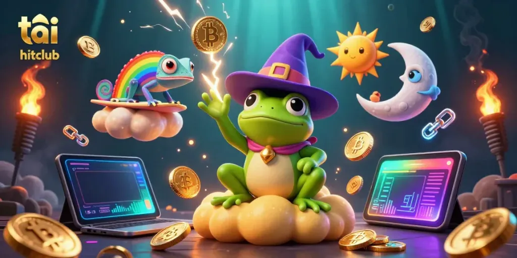 Experience the excitement at tai hitclub with a dynamic scene of a wizard frog, chameleon, and coins.