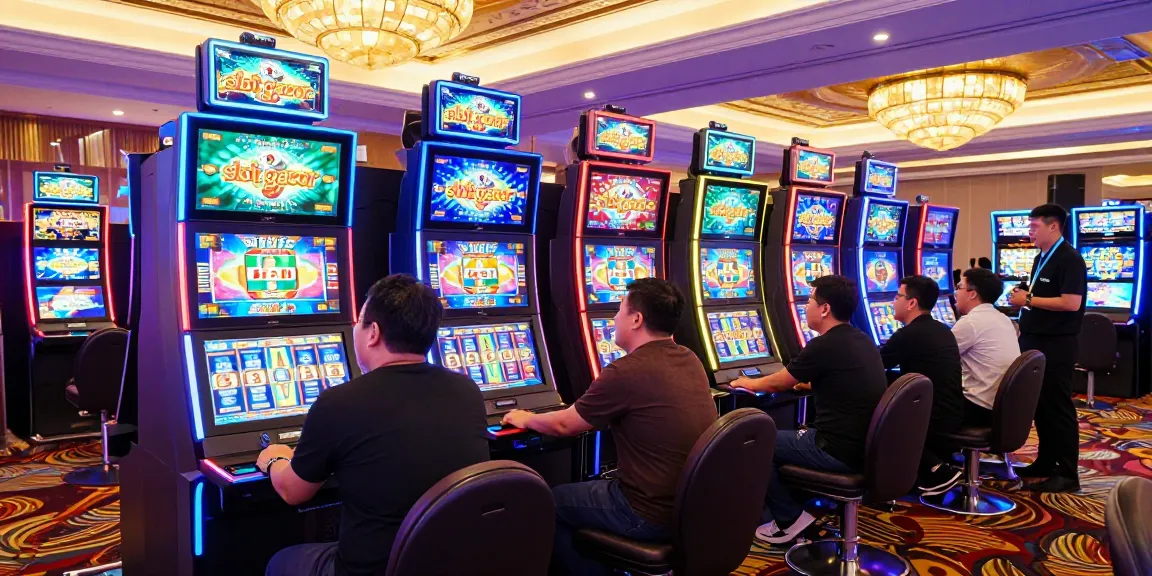 Excited players engaging with slot gacor machines in a lively casino atmosphere.