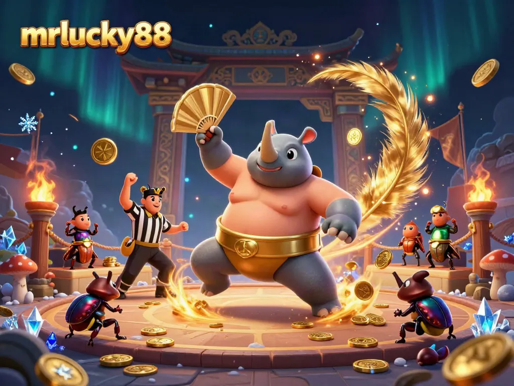 Bet big at MrLucky88 with a vibrant 3D scene showcasing exciting casino elements and a thrilling champion.