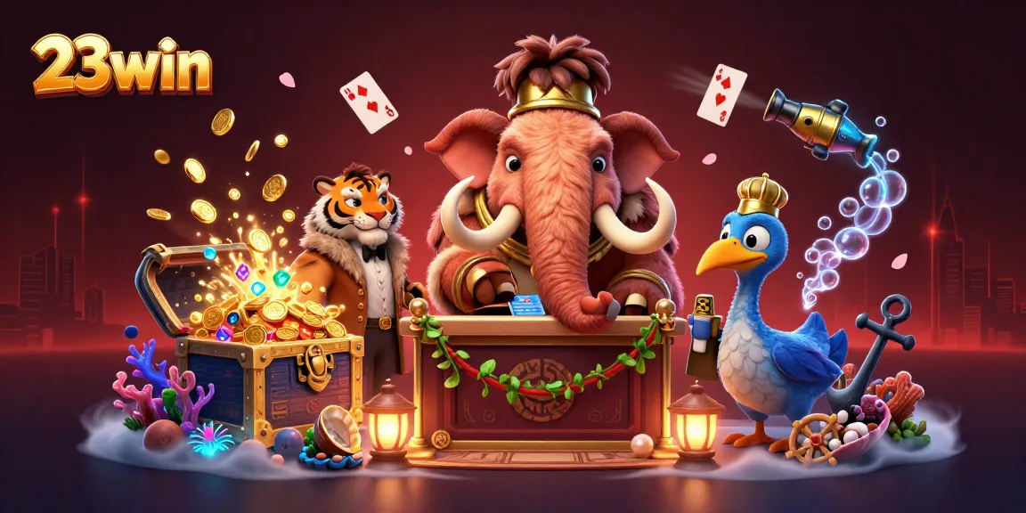 Experience 23win with this vibrant 3D illustration showcasing casino characters and elements.