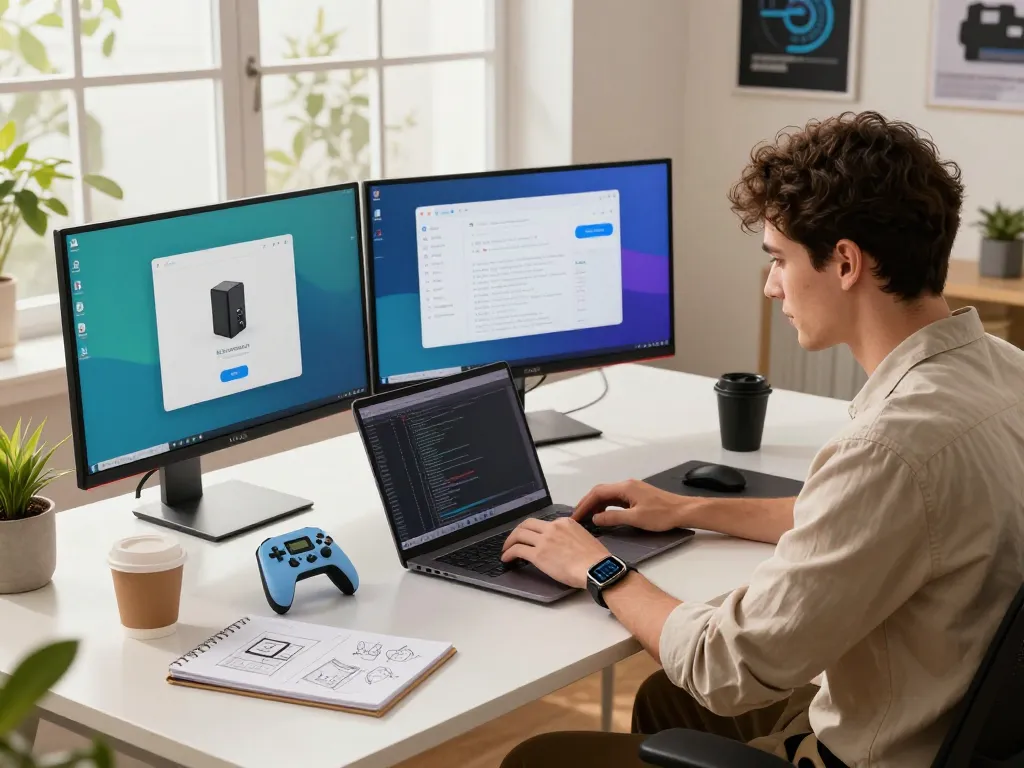 Innovative workspace showcasing the latest tech gadgets 2079, featuring a young professional coding with Bluetooth devices, natural light, and modern decor.