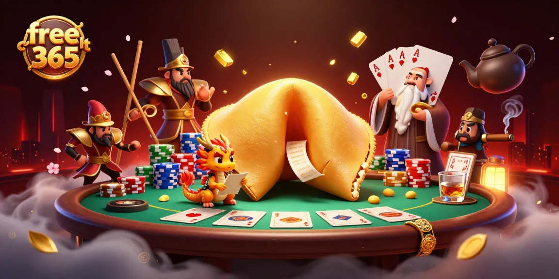 Engage with free credit 365 offers at the vibrant online casino illustrated with a wise dragon and poker elements.