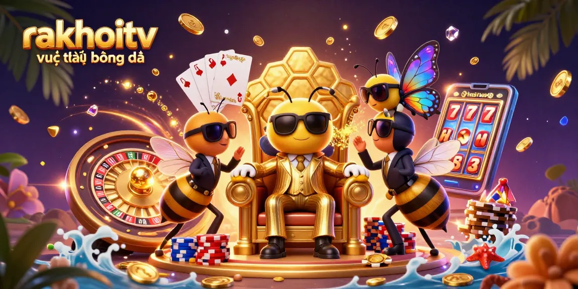 Experience rakhoitv trực tiếp bóng đá with a cartoon bee mob boss amidst a vibrant casino scene.