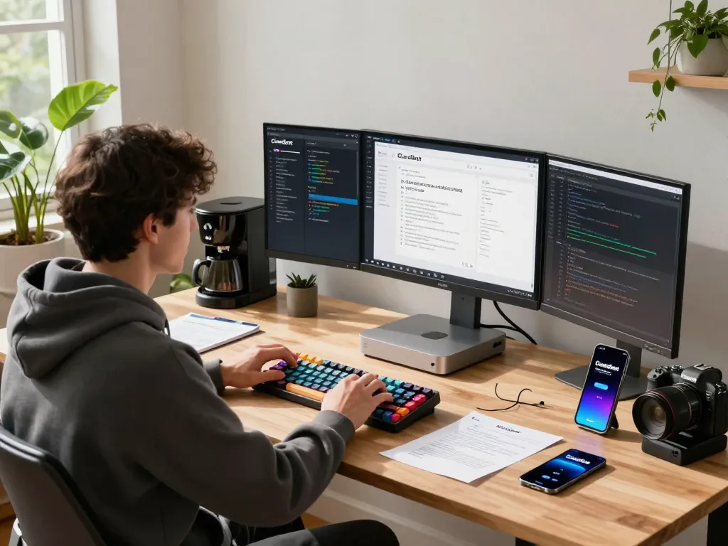 Developer using Clawdbot on a Mac mini in a bright workspace.