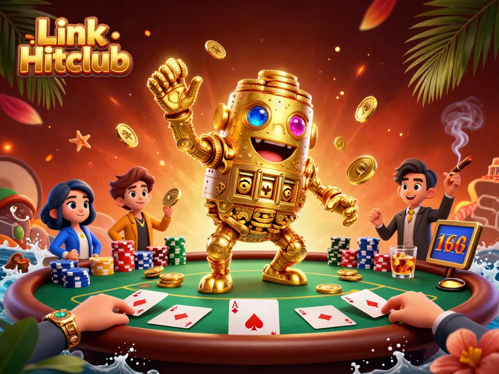 Engage in thrilling gameplay with Link Hitclub's vibrant casino scene full of gold and poker elements.