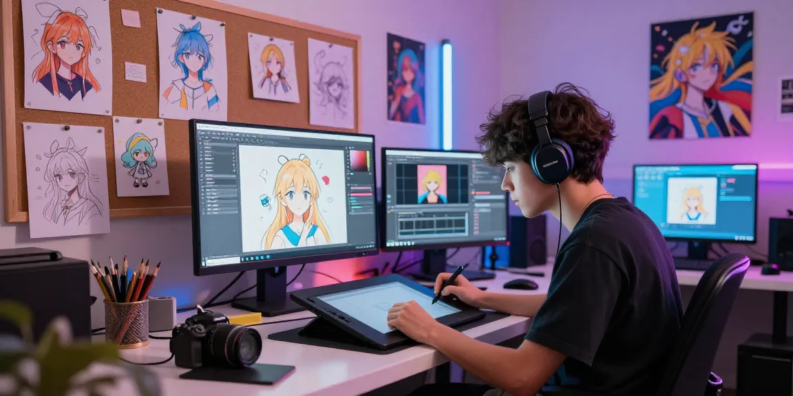 Creating AI ecchi art in a vibrant animation studio environment.