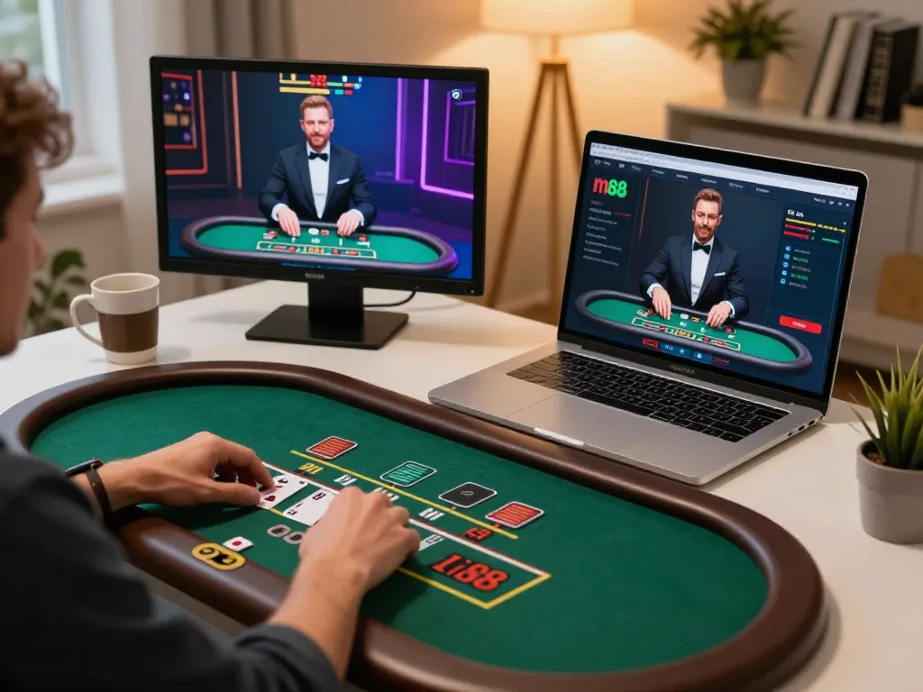Engaging player enjoying m88 casino live dealer blackjack in a cozy home setup