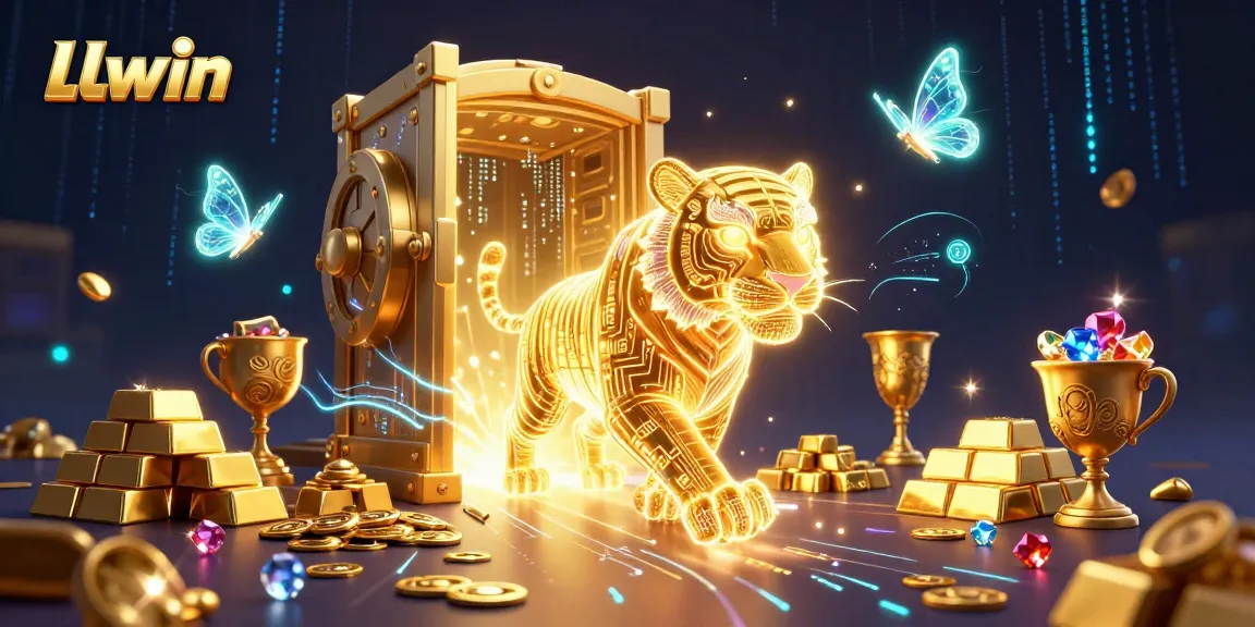 Bet on LLwin with vibrant 3D casino elements and a golden tiger illustration, showcasing thrilling gaming.