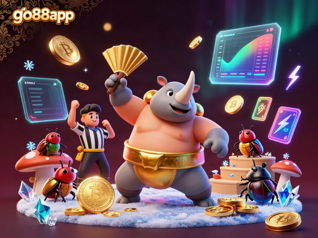 Experience the vibrant action of go88app with a cartoon beetle sumo champion amidst glowing crypto coins and festive casino elements.