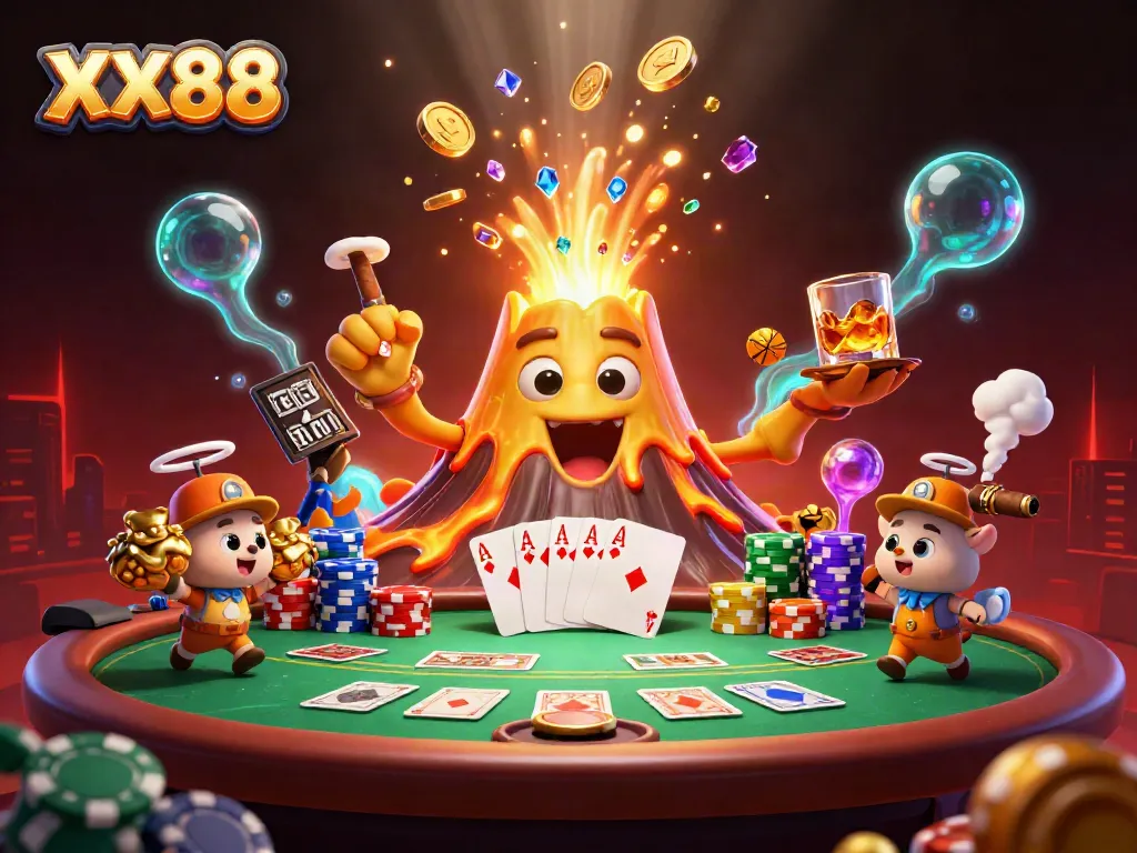 Experience the excitement of XX88 with a vibrant 3D scene of a golden volcano pouring treasures amid a poker frenzy.