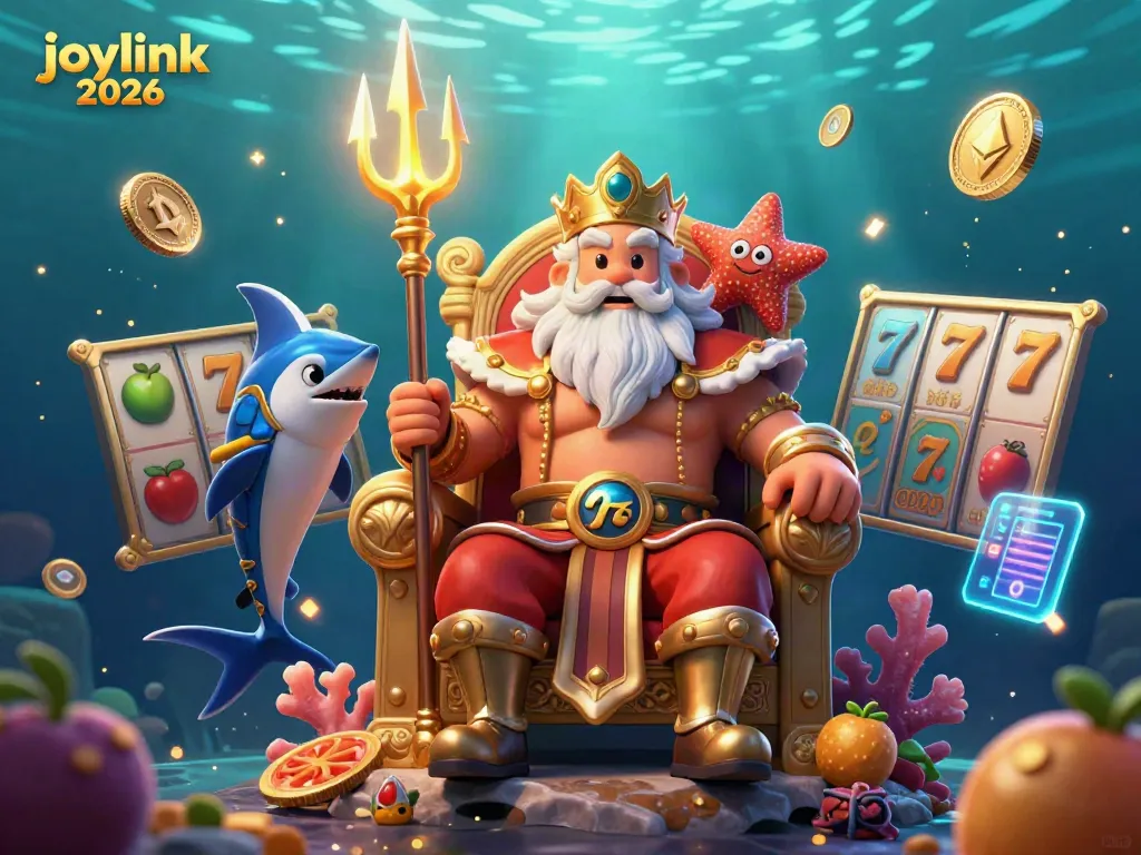 Spin and win with joylink 2026, featuring Neptune and thrilling slot symbols in a vibrant casino scene.