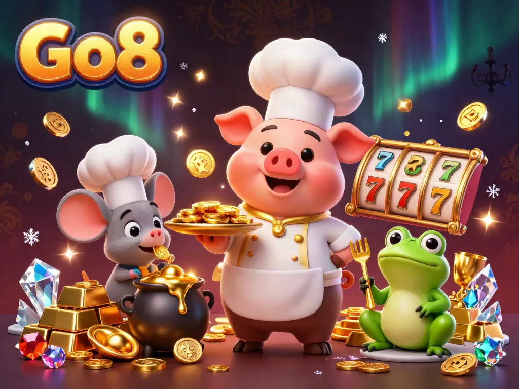 Go8's 3D cartoon chef pig serves gold coins amidst dynamic slot reels and jackpot counters in a vibrant casino scene.
