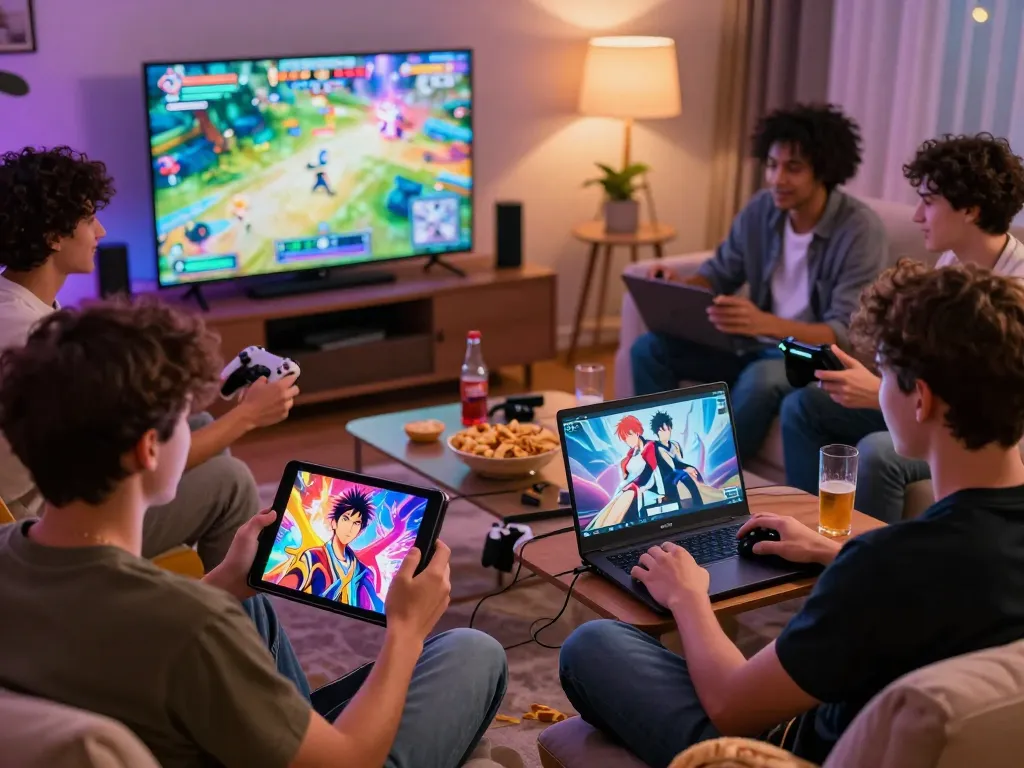 Friends enjoying gay porn games together in a cozy living room, showcasing diverse gameplay experiences.