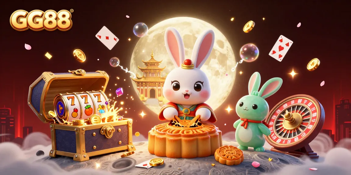 Experience GG88's vibrant online gaming with a whimsical 3D illustration filled with casino elements.