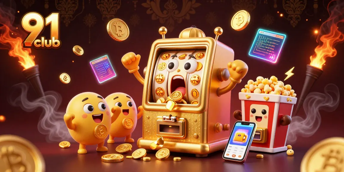 Win big with the vibrant action at the 91 club, featuring a cartoon golden slot machine celebrating a jackpot.
