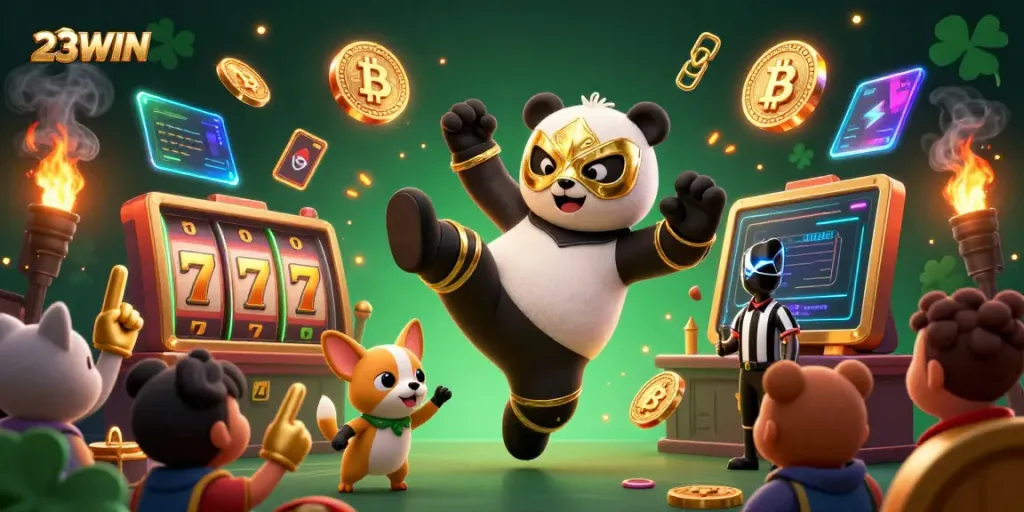 23WIN offers an exciting online casino experience with vibrant, dynamic 3D illustrations showcasing engaging characters in action.